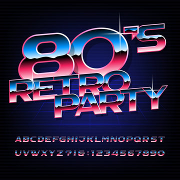 80's retro party alphabet font. Metallic effect oblique letters and numbers. Stock vector typography for any typography design.
