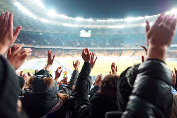 Football- Soccer,a lot of fans in full stadium celebrate there goal in open air roof stadium.
