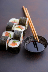 Japanese sushi roll with soy sauce