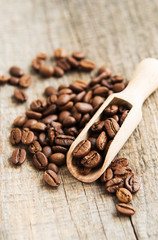 Coffee beans on wooden background