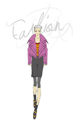 Fashion illustration. Stylish fashion model. Fashion girl Sketch. Girl in a jacket and a skirt