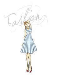Fashion illustration. Stylish fashion model. Fashion girl Sketch. Girl in a dress