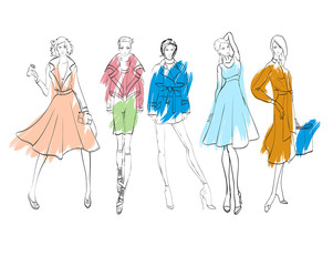 Fashion illustration. Stylish fashion models. Fashion girls set. Sketch. Girls in a dress, coat and suit.