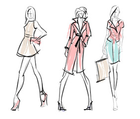 Fashion illustration. Stylish fashion models. Fashion girls set. Sketch. Girls in a dress and coat.