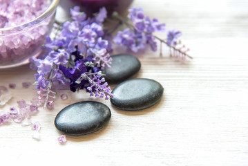 Fototapeta na wymiar Purple Lavender aromatherapy Spa with salt and treatment for body. Thai Spa relax massage. Healthy Concept. select and soft focus