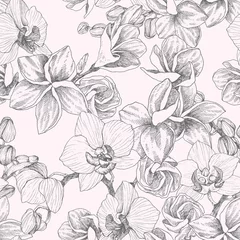 Foto op Plexiglas Orchidee Naadloze patroon. Hand getrokken schets boeket met orchidee en plumeria. Zeer gedetailleerde vectorillustratie. Mooie exotische bloem. Cymbidium voor uw logo, compositie, ontwerp.