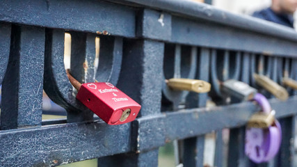 Love locks on a bridge in Nyhavn, Copenhagen, Denmark