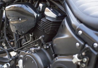 Horizontal image of the details of a motorcycle. close up