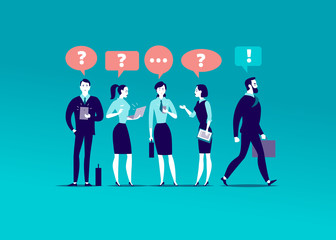 Vector flat illustration with office people standing together searching answers. Businessman walking towards aim. Inspiration, trust yourself, motivation, just do it, leadership, new goal - metaphor.