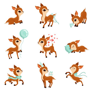Flat vector set of cute fawn in different actions. Cartoon character of little deer. Adorable forest animal. Graphic design for postcard or print