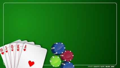 Poker cards and chips on green background