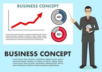 Business concept. Businessman near whiteboard and pointing on the chart of finance analytics. Graph with trend line rising up and coin with sign of dollar in flat style isolated. Vector illustration