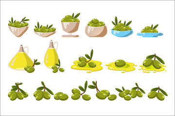 Green olives set, olive oil in a glass jug vector Illustrations on a white background