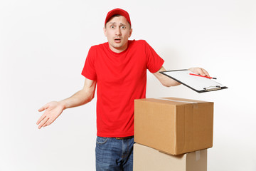 Delivery man in red uniform isolated on white background. Male courier in cap, t-shirt holding pen,...