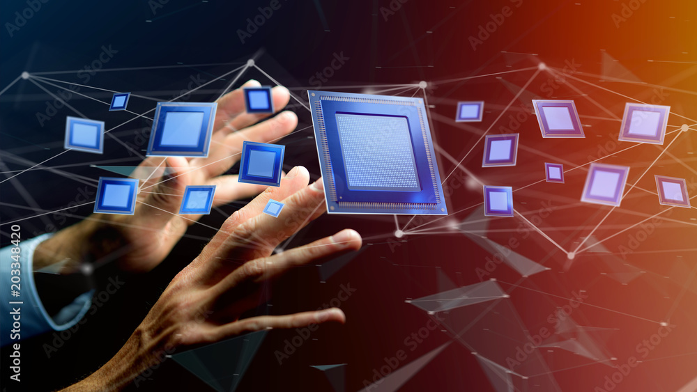 Poster processor chip and network connection - 3d render