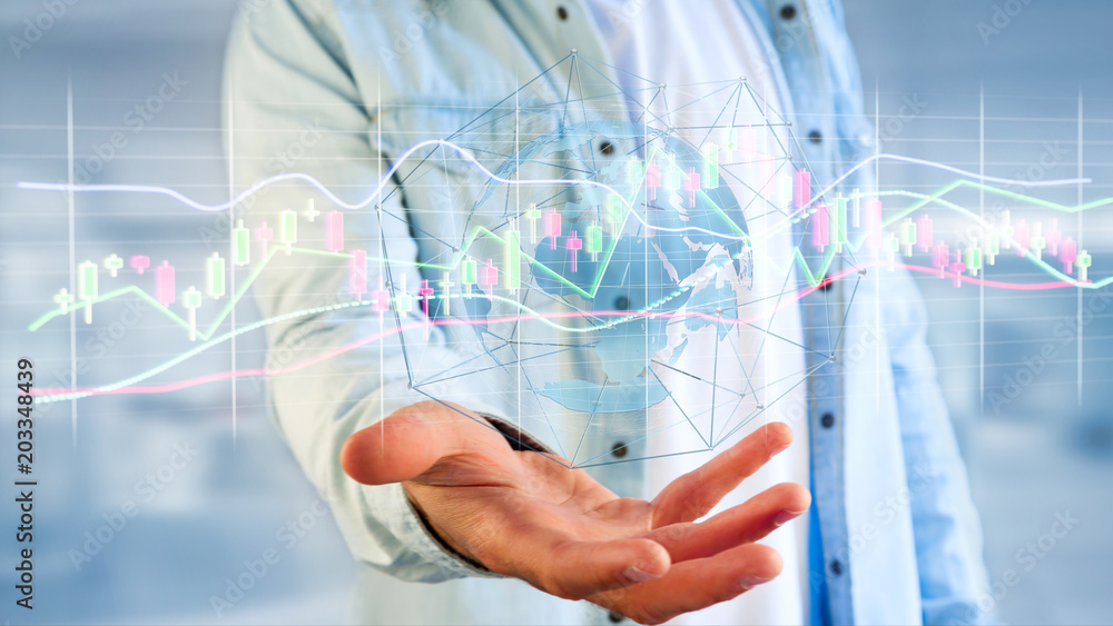 Poster businessman holding a 3d render stock exchange trading data information display on a futuristic inte