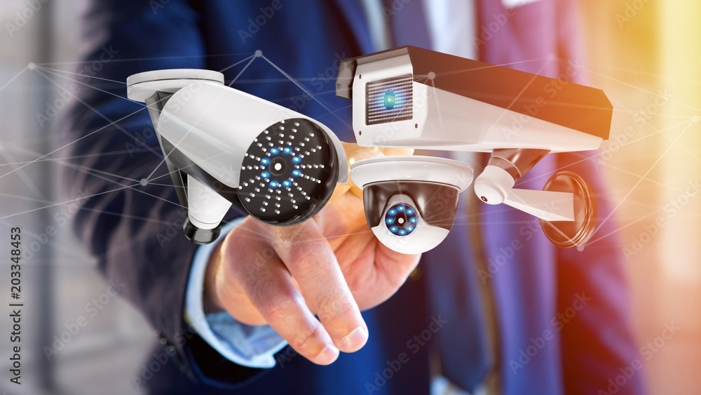 Poster businessman holding a security camera system and network connection - 3d rendering