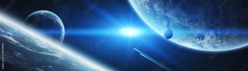 Poster Panoramic view of planets in distant solar system 3D rendering elements of this image furnished by NASA