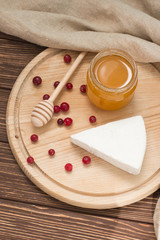 Cranberries, honey dipper, delicious cheese piece and honey on wooden board