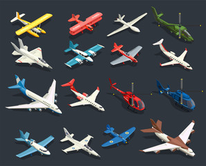 Airplanes Helicopters Isometric Icons © Macrovector