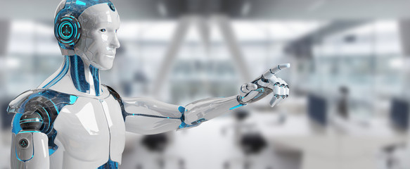 White male cyborg pointing his finger 3D rendering