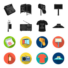 A lamppost with a sign, a T-shirt with an inscription, a radio, a car roof.Advertising,set collection icons in black,flet style vector symbol stock illustration web. © pandavector