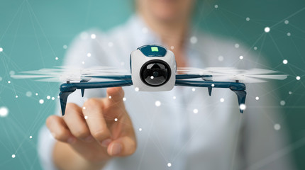 Businesswoman using modern drone 3D rendering - obrazy, fototapety, plakaty