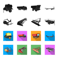 Plow, combine thresher, trailer and other agricultural devices. Agricultural machinery set collection icons in black,flet style vector symbol stock illustration web. © pandavector