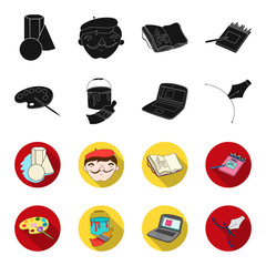 A palette with a brush, a bucket with a paint brush, a computer, a tool, a pen.Artist and drawing set collection icons in black,flet style vector symbol stock illustration web. © pandavector