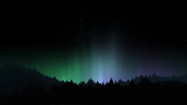 Arctic bright northern light over forest landscape. Realistic aurora borealis digital motion animation.