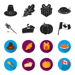 Spike of wheat, a piece of pie with cranberries, pumpkin, national flag.Canada thanksgiving day set collection icons in black,flet style vector symbol stock illustration web. © pandavector