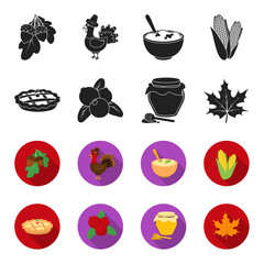 Cranberry, pumpkin pie, honey pot, maple leaf.Canada thanksgiving day set collection icons in black,flet style vector symbol stock illustration web. © pandavector