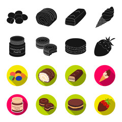 Chocolate pasta, biscuit, strawberry in chocolate, hamburger. Chocolate desserts set collection icons in black,flet style vector symbol stock illustration web. © pandavector
