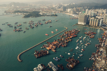 Aerial view on harbour in Hong Kong 