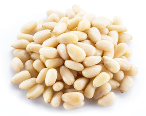 Pine nuts on the white background. Organic food.