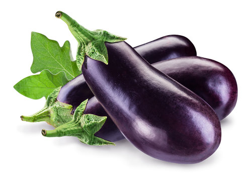 Aubergines or eggplants isolated on white background.