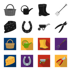 Cheese with holes, a trolley for agricultural work, a horseshoe made of metal, a pruner for cutting trees, shrubs. Farm and gardening set collection icons in black,flet style vector symbol stock © pandavector