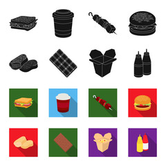 Chocolate, noodles, nuggets, sauce.Fast food set collection icons in black,flet style vector symbol stock illustration web. © pandavector