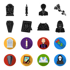 Coffin with a lid and a cross, a photograph of the deceased with a mourning ribbon, a corpse on the table with a tag in the morgue, death in a hood. Funeral ceremony set collection icons in black,flet © pandavector