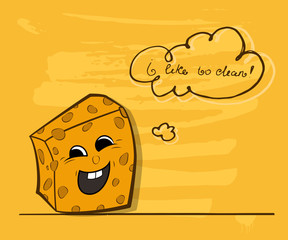 I like to clean. Calligraphy inscription on the theme of purity. Yellow cartoon sponge for washing dishes. Vector illustration.