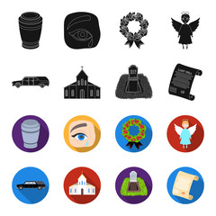 Black cadillac to transport the grave of the deceased, a church for a funeral ceremony, a grave with a tombstone, a death certificate. Funeral ceremony set collection icons in black,flet style vector © pandavector