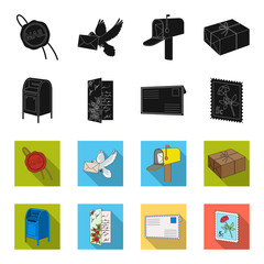 Mailbox, congratulatory card, postage stamp, envelope.Mail and postman set collection icons in black,flet style vector symbol stock illustration web. © pandavector