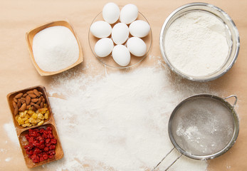 Ingridients for preparation of bakery dough on the crafted background