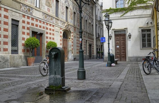 Turin, Piedmont region, Italy. May 2018. The symbolic fountain of Turin, the torello or turet in Piedmontese. They are found in every corner of the city, almost always colored green, sometimes gray.