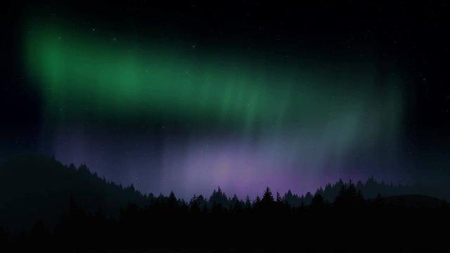 Arctic bright northern light over forest landscape. Realistic aurora borealis digital motion animation.