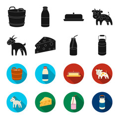 Goat, a piece of cheese and other products. Milk set collection icons in black,flet style vector symbol stock illustration web. © pandavector