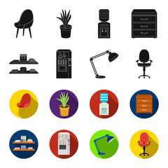 Shelves, folders and notebooks with business records, a coffee machine with cups, an armchair with a backrest on wheels, a desk lamp. Office Furniture set collection icons in black,flet style vector © pandavector