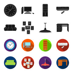 Comfortable sofa, letters and diplomas within the framework, an office ceiling lamp, a desk with drawers. Office Furniture set collection icons in black,flet style vector symbol stock illustration web © pandavector