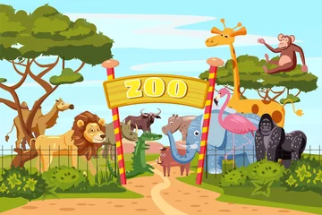 Fototapete Rund Zoo Zoo entrance gates cartoon poster with elephant giraffe lion safari animals and visitors on territory vector illustration, cartoon style, isolated  © hadeev