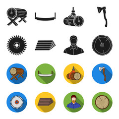 Circular saw, a working carpenter, a stack of logs. A sawmill and timber set collection icons in black,flet style vector symbol stock illustration web. © pandavector